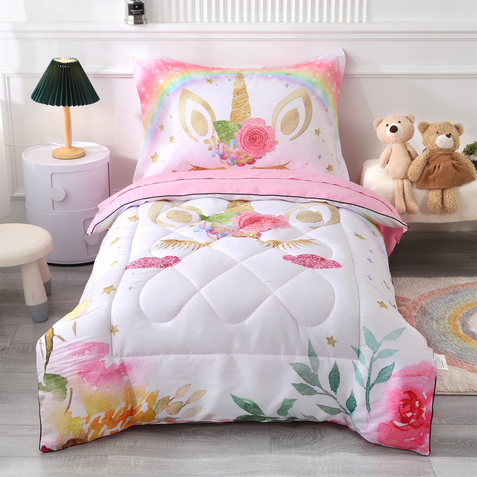 Wowelife Unicorn Toddler Bedding Set for Girls Pink 4 Piece Unicorn Bedding Toddler Bed Set Rainbow Pink White Floral Star Bed Comforter with Comforter, Flat Sheet, Fitted Sheet and Pillowcase