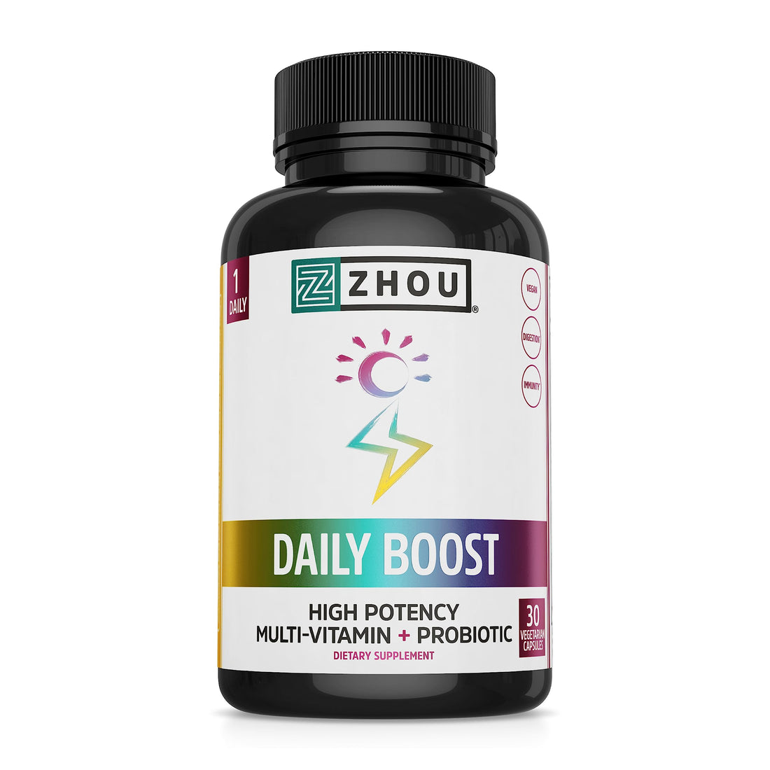Zhou Nutrition Daily Boost Multivitamin with Probiotic, Zinc, Vitamin C, D3, B Complex for Immune Support, Energy and Digestive Health | Vegan, Gluten Free, Soy Free | 30 Servings
