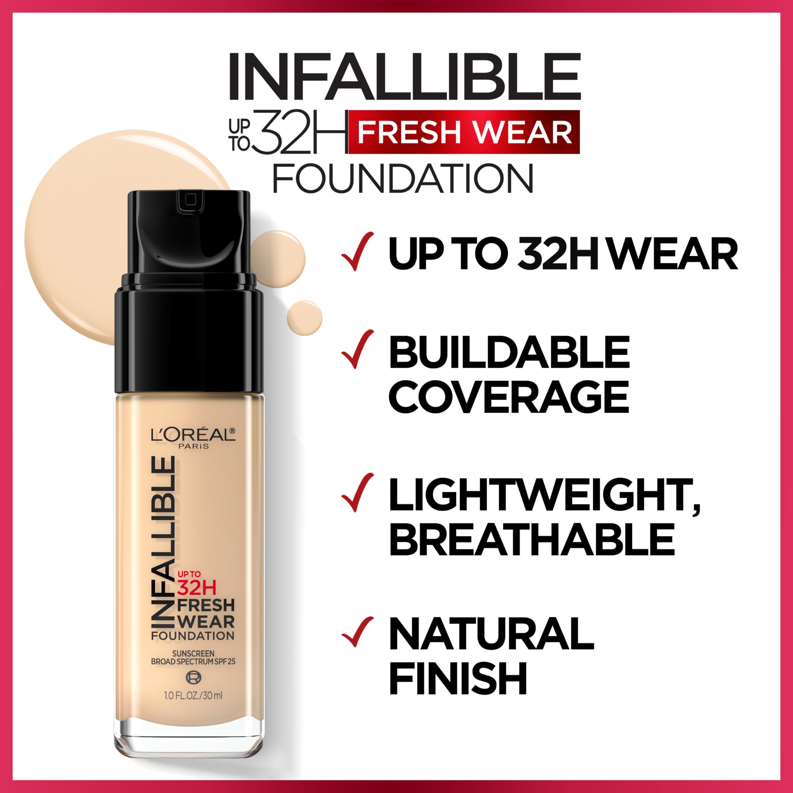 L'Oreal Paris Makeup Infallible Up to 32 Hour Fresh Wear Lightweight Foundation, 420 True Beige, 1 Fl Oz, Packaging May Vary