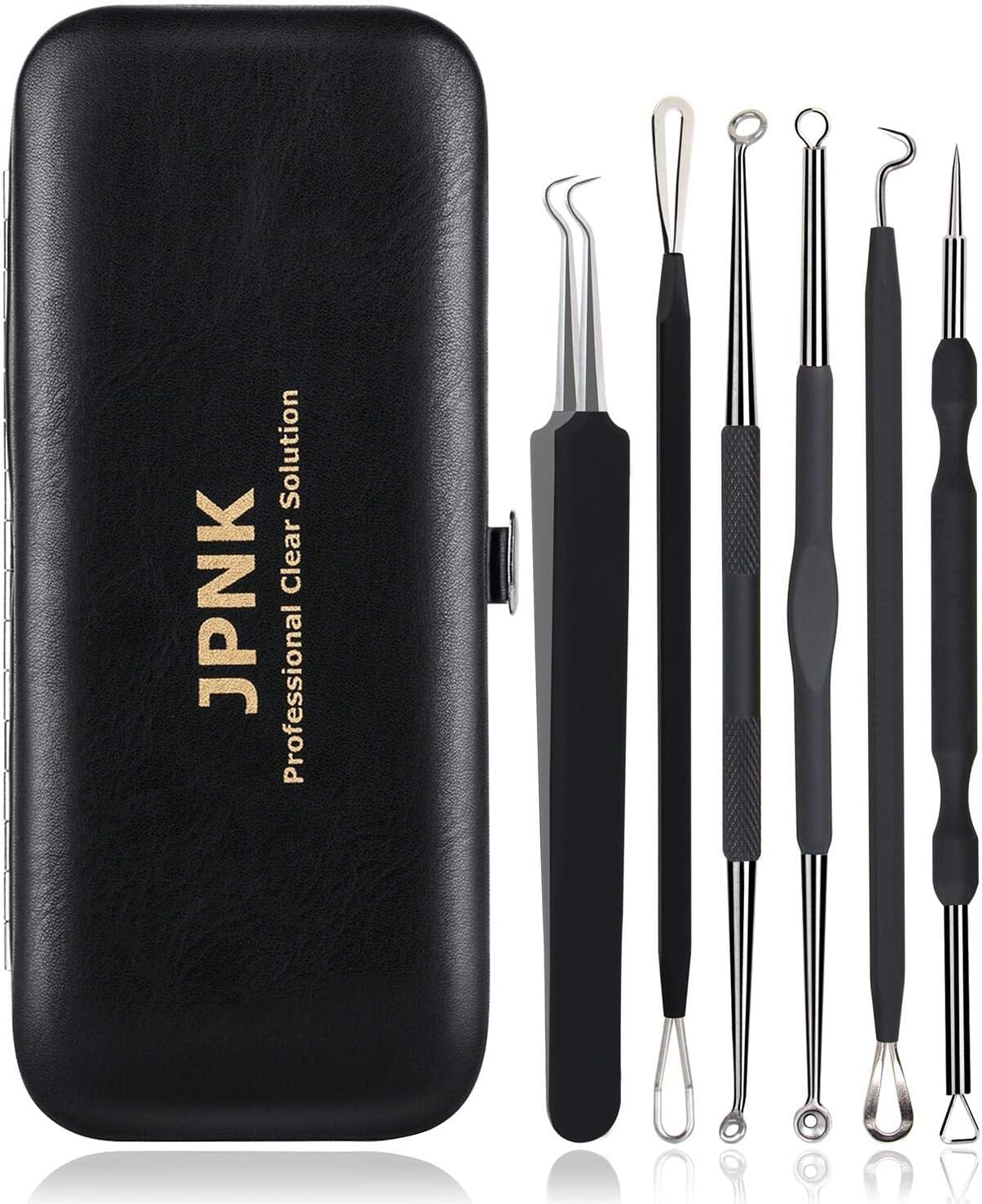 JPNK Blackhead Remover Tool Comedones Extractor Acne Removal Kit for Blemish, Whitehead Popping, 6 Pcs Zit Removing for Nose Face Tools with a Leather Bag (Black)