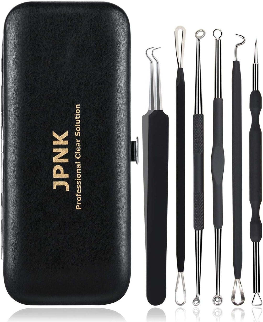 JPNK Blackhead Remover Tool Comedones Extractor Acne Removal Kit for Blemish, Whitehead Popping, 6 Pcs Zit Removing for Nose Face Tools with a Leather Bag (Black)
