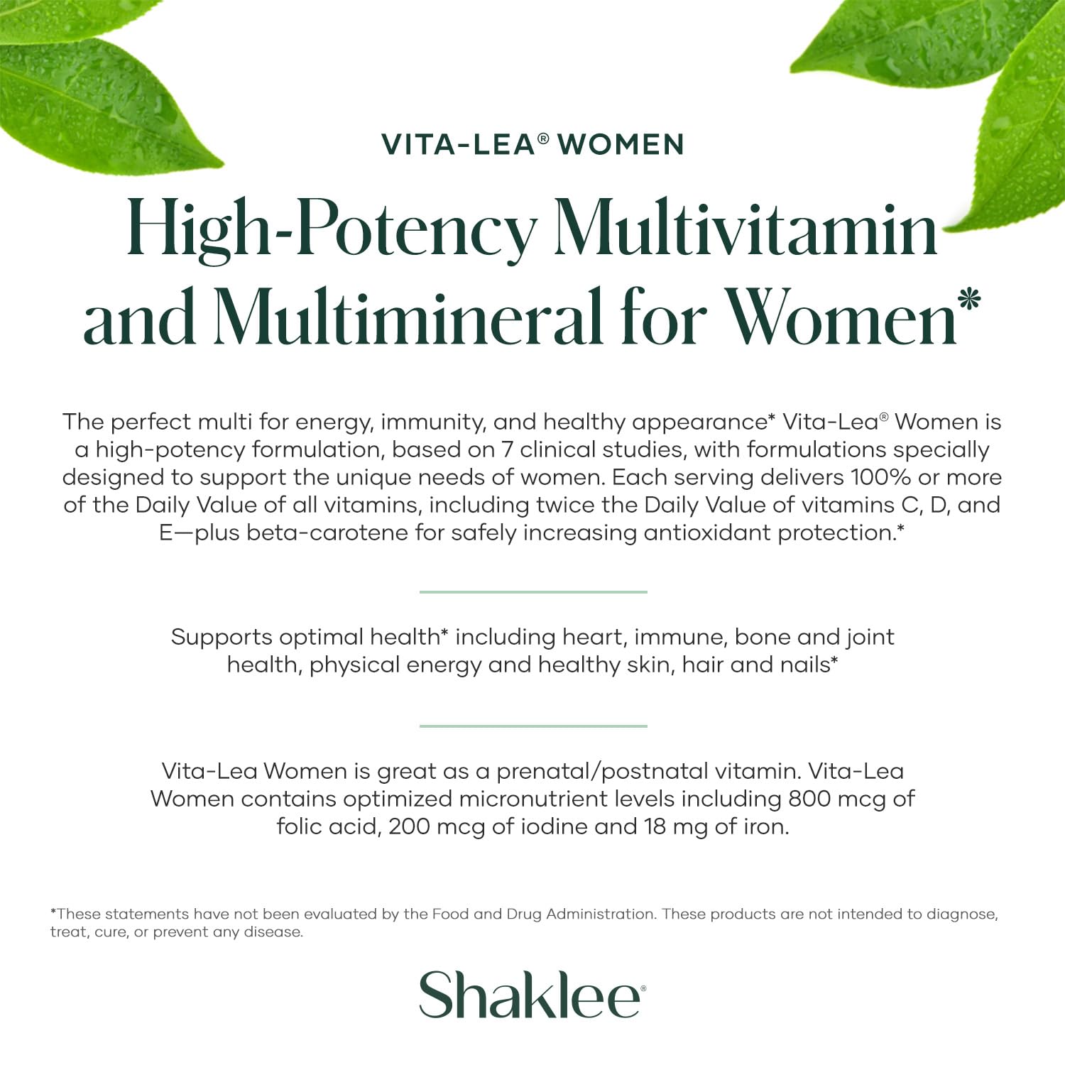 Shaklee - Vita-Lea® Women High-Potency Multivitamin & Multimineral for Women - Prenatal/Postnatal Support with 800 mcg Folic Acid, 200 mcg Iodine, 18 mg Iron - 240 Tablets