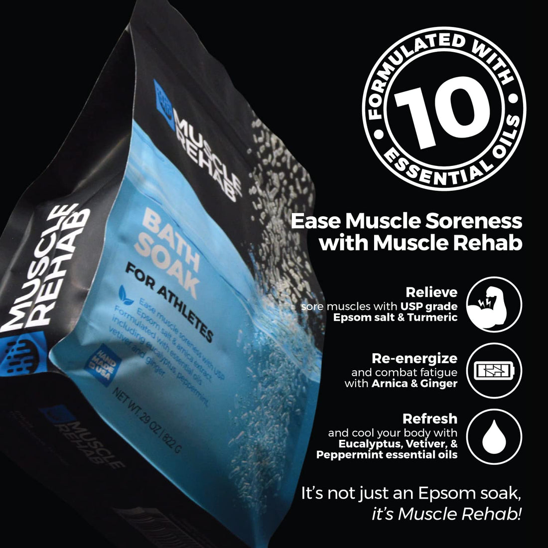 Muscle Rehab: Arnica Infused USP Epsom Salts for Soaking for Pain- 29oz Bag Muscle Recovery Magnesium Bath Soak with Essential Oils, and Turmeric - Ease Tired Muscle & Joint Soother, Foot Baths