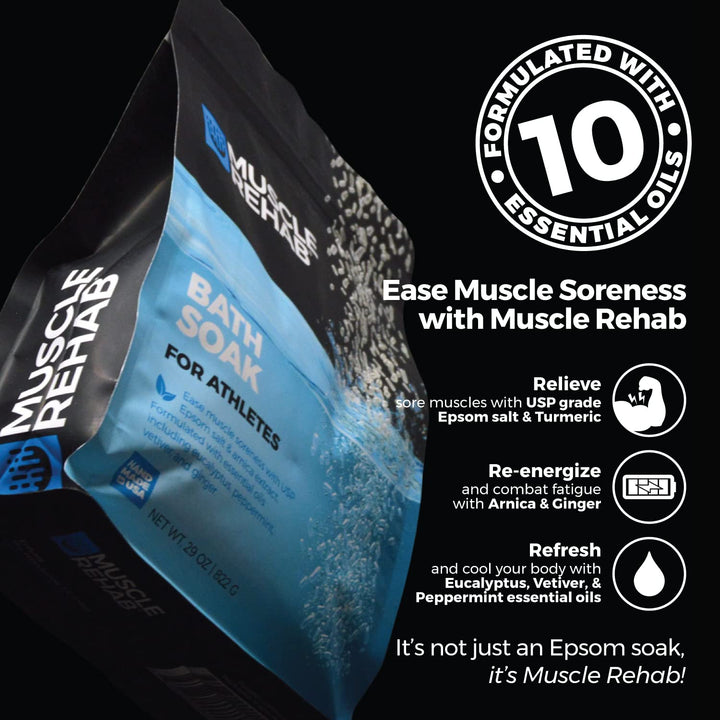 Muscle Rehab: Arnica Infused USP Epsom Salts for Soaking for Pain- 29oz Bag Muscle Recovery Magnesium Bath Soak with Essential Oils, and Turmeric - Ease Tired Muscle & Joint Soother, Foot Baths