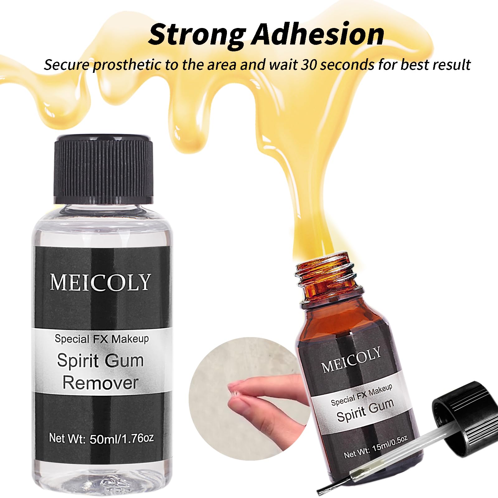 MEICOLY Spirit Gum Adhesive and Remover Combo Kit,0.5OZ Spirit Gum+1.76OZ Remover,Prosthetic Bald Cap Adhesive Glue,Face Skin Glue for Costume,Pro Makeup Glue Adhesive for Face Body Mustache Beard
