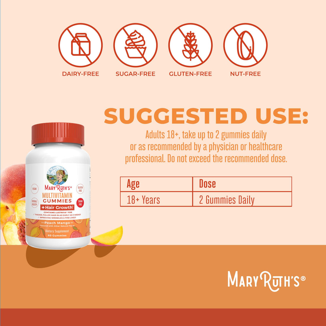 MaryRuth's Multivitamin + Hair Growth Gummies | with Lustriva® | Biotin 10000mcg | B Vitamins | Formulated for Thicker Hair, Wrinkles, Fine Lines, Skin Care | Ages 18+ | 30 Servings