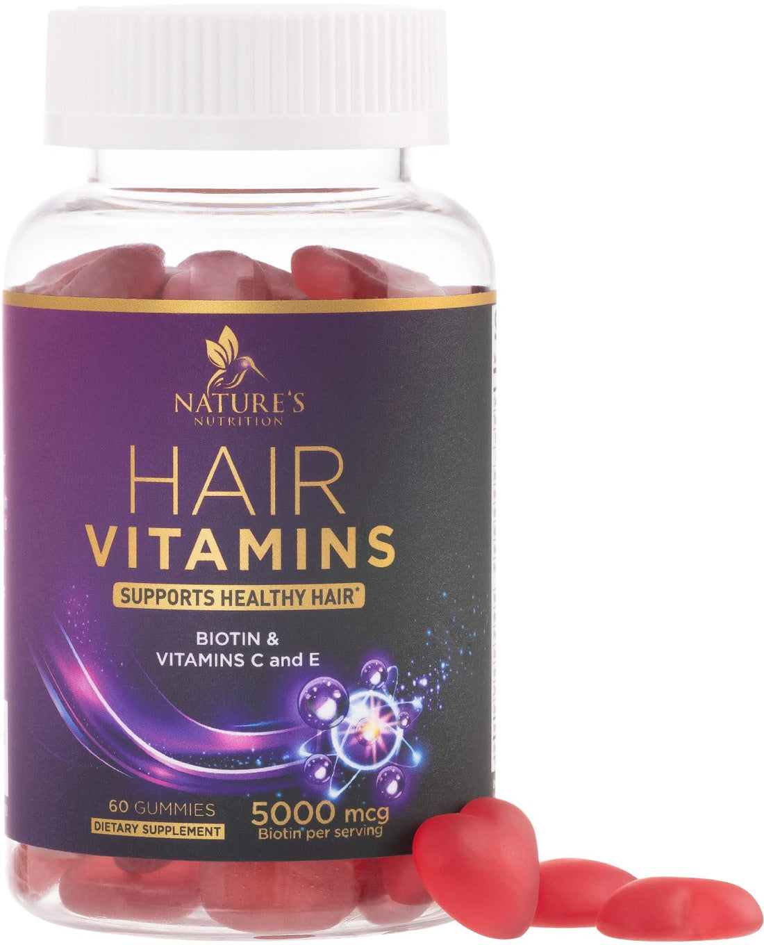 Hair Growth Supplement Gummy for Stronger, Radiant Hair, Skin & Nails - Hair Vitamins with Biotin 5000 mcg and Vitamin E & C, Nature's Extra Strength Hair Vitamins for Women & Men - 60 Gummies