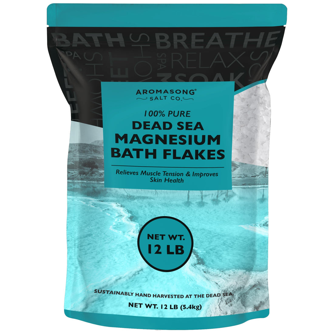 Aromasong Magnesium Flakes from The Dead Sea, 12 LB Resealable Pack - Muscle Relaxing Magnesium Chloride Bath Salts Soak for Headaches, Stress & Leg Discomfort. (Packaging May Vary)