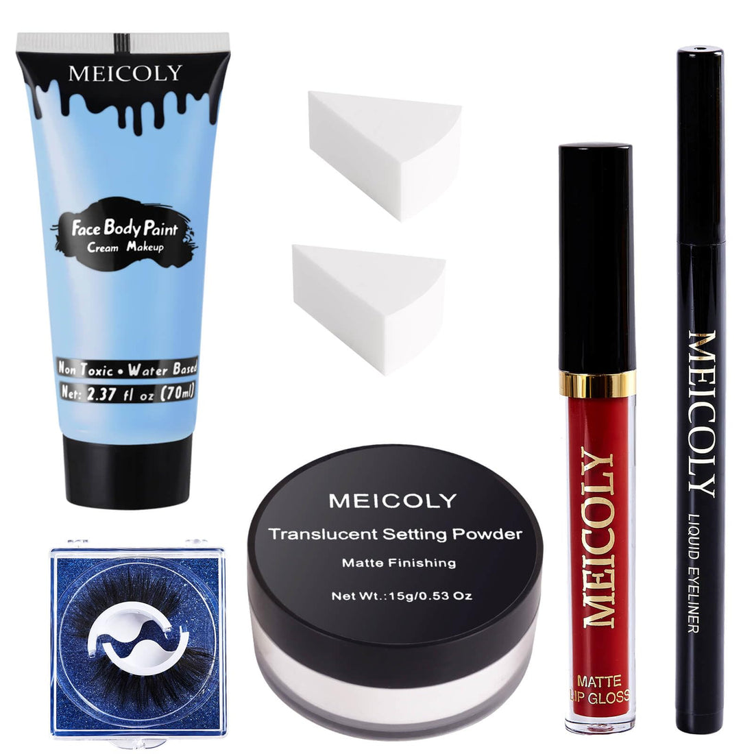 MEICOLY Sally Makeup Kit,Professional Sally Costume Corpse Bride Makeup,Light Blue Face Paint and Setting Powder Halloween Makeup Kit,Sally Face Cosplay,Liquid Eyeliner+False Eyelash+Lipstick+Sponges