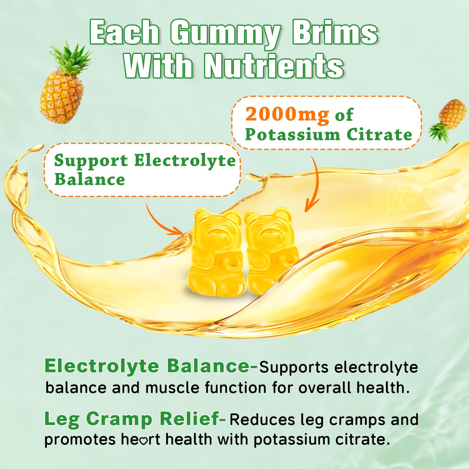 2 Pack Potassium Citrate Gummies – High Potency Potassium Supplement for Muscle Health, Leg Cramp Relief, Electrolyte Balance – Vegan, Non-GMO, Gluten-Free, Pineapple Flavor, 120 Count
