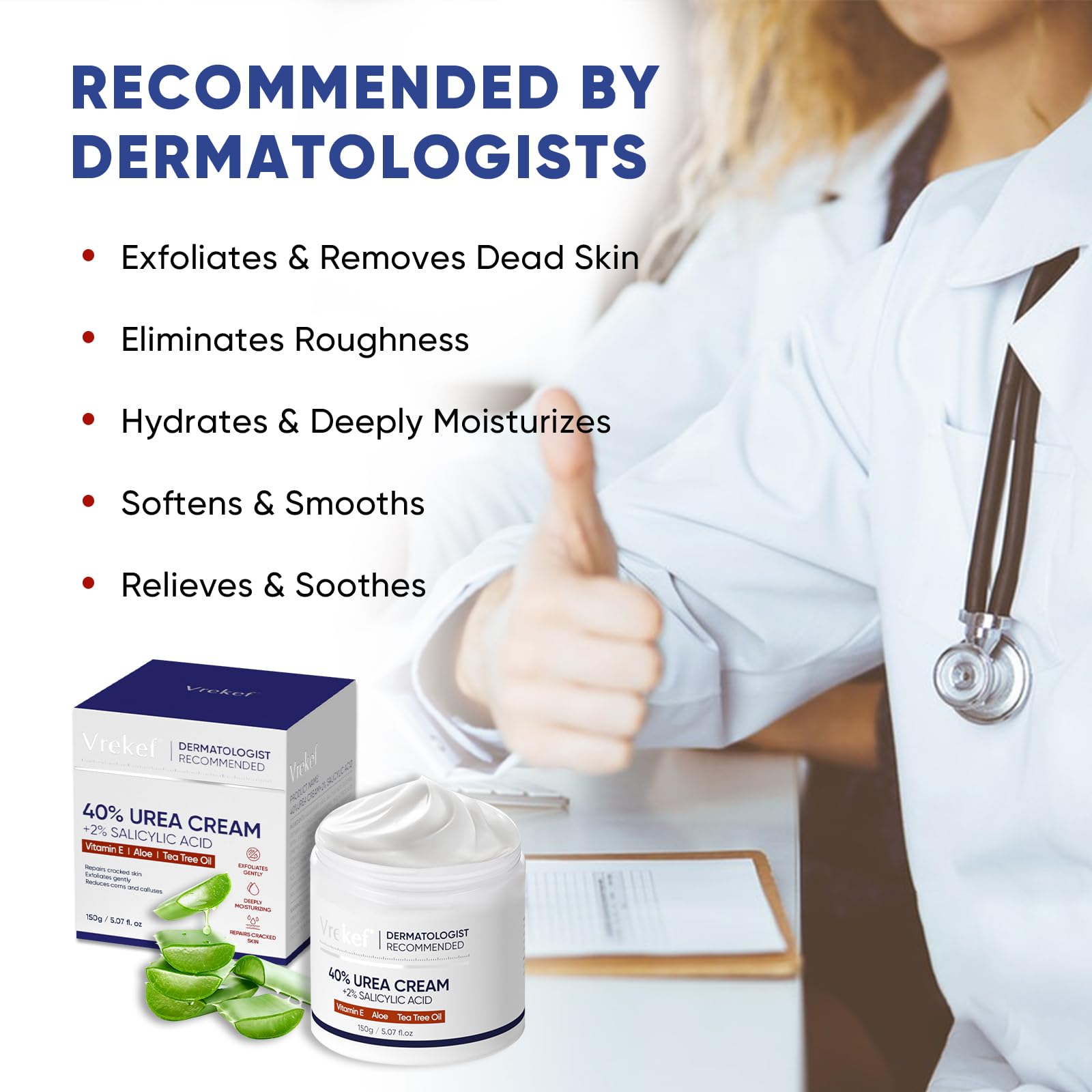 VREKEF Urea Cream 40 Percent for Feet Maximum Strength, Urea Cream 40% Plus Salicylic Acid 2%, Foot & Hand Cream for Dry Cracked