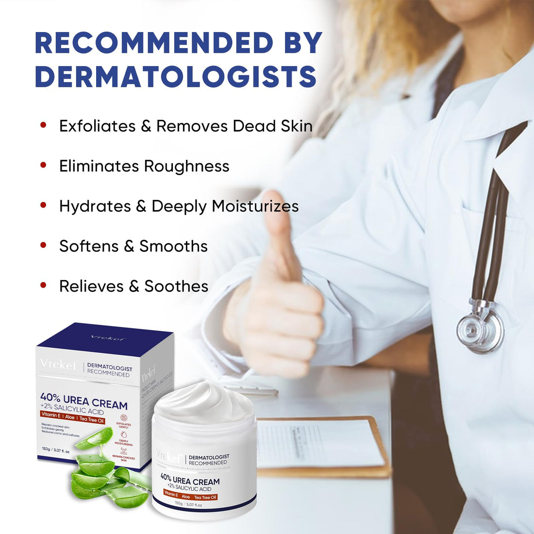 VREKEF Urea Cream 40 Percent for Feet Maximum Strength, Urea Cream 40% Plus Salicylic Acid 2%, Foot & Hand Cream for Dry Cracked