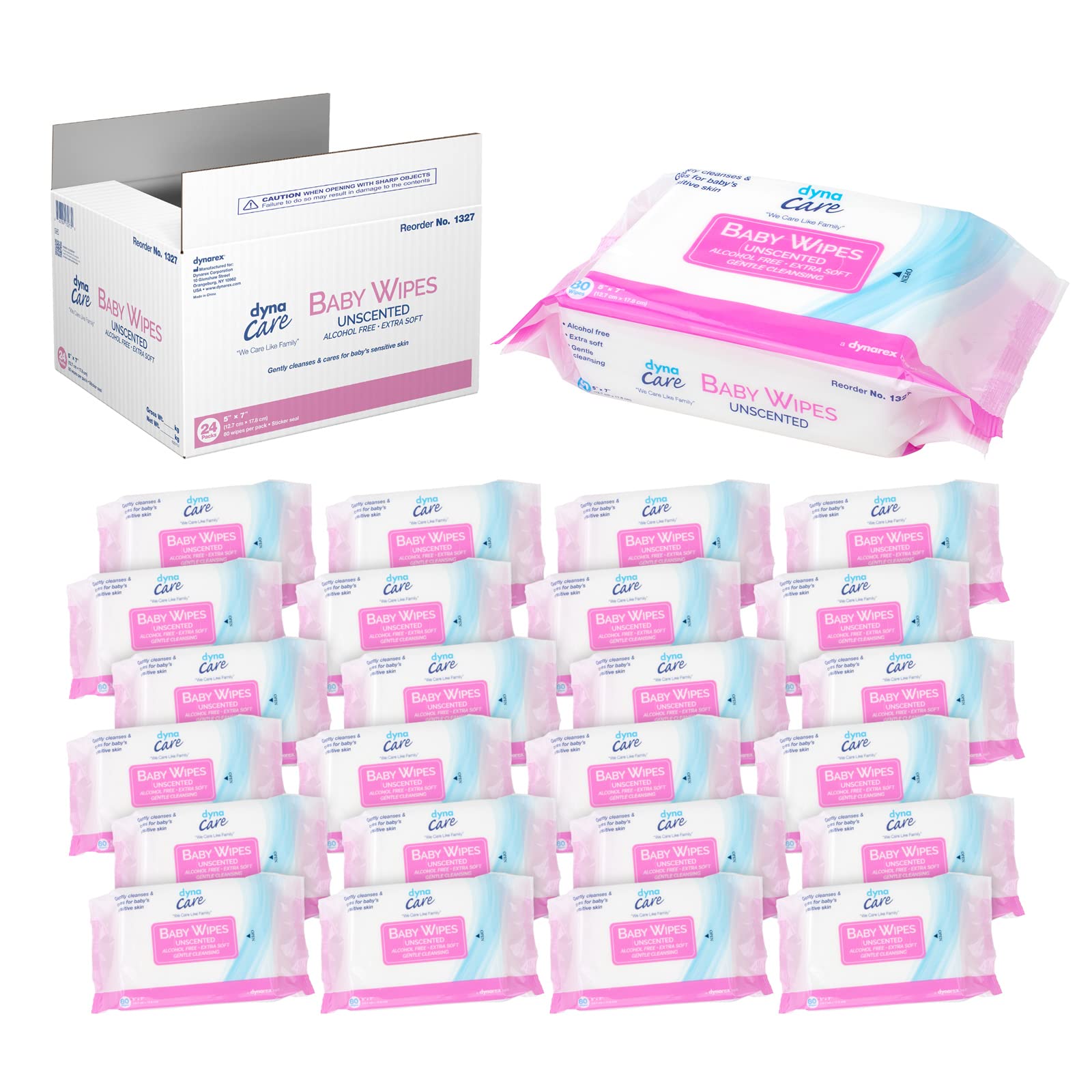 Dynarex Baby Wipes - Non-Alcohol Wipes for Babies with Lanolin & Aloe to Moisturize Skin - Resealable Soft Pack - Unscented - 5x7, 80 Wet Wipes per Pack, 24 per Case