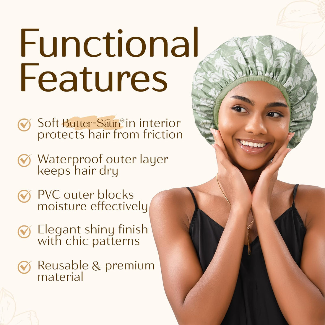 Yanibest Shower Cap for Women - Hair Satin Bonnet Shower Cap for Women Waterproof Extra Large Double Layer Reusable Adjustable for Braids Long Hair