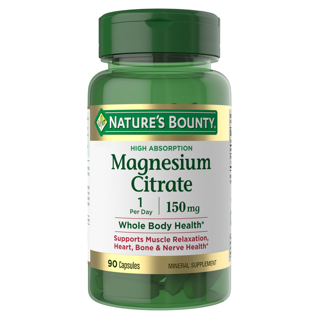 Nature’s Bounty Magnesium Citrate, High Absorption Magnesium Supplement for Whole Body Health with 150 mg Magnesium, Vegetarian, Gluten Free, 90 Capsules
