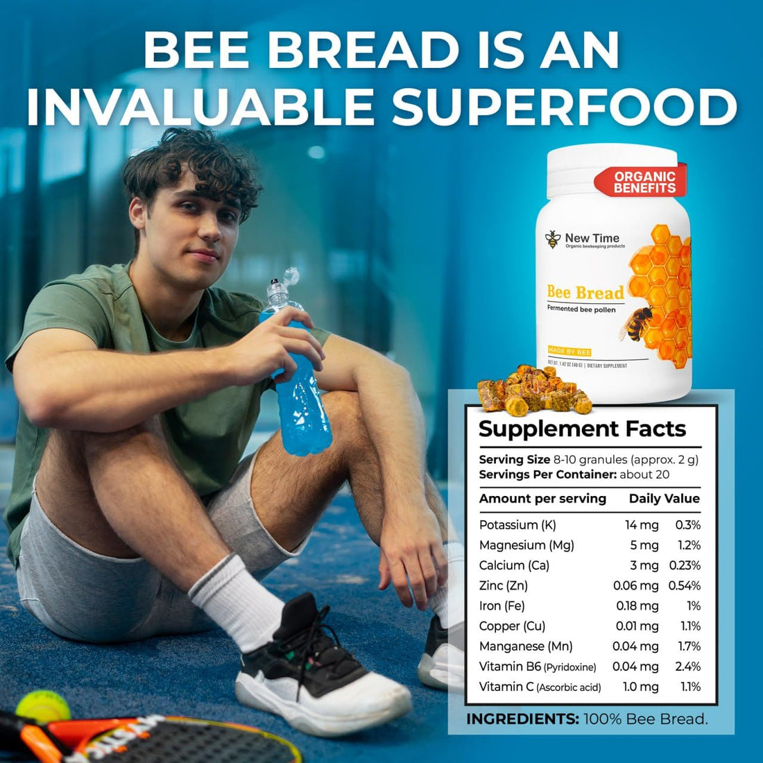Organic Bee Bread - Natural Fermented Pollen, Multivitamin for breast growth, Superfood for men, women, Vital Proteins, Immune Support & Energy Supplement
