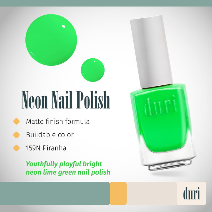 duri Nail Polish, 159N Piranha, Neon Green, Matte, Opaque, 0.5 fl.oz.