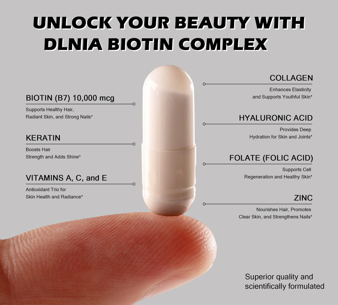 DLNIA Collagen Pills Peptides Types I, II, III, V & X MCG Biotin Keratin Hyaluronic Acid MSM Vitamin A Vitamin C Vitamin E Folic Acid Zinc Magnesium with Grape Seed Extract, Quercetin