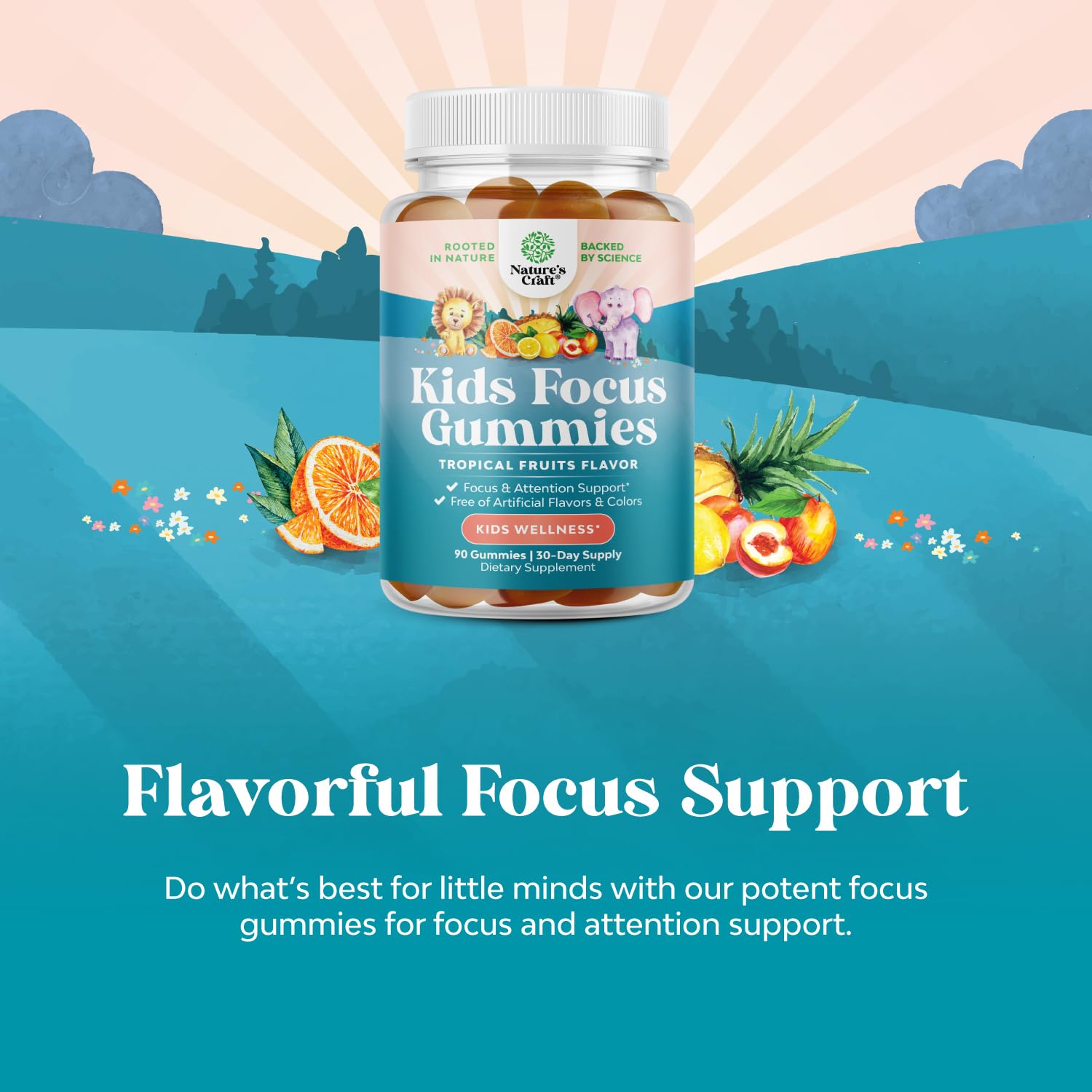 Kids Focus Gummies - Nootropics Brain Support Supplement for Kids with Green Tea Extract, B6 & B12 Vitamins for Memory and Brain Focus - Herbal Concentration Chews for Children - 90 Count