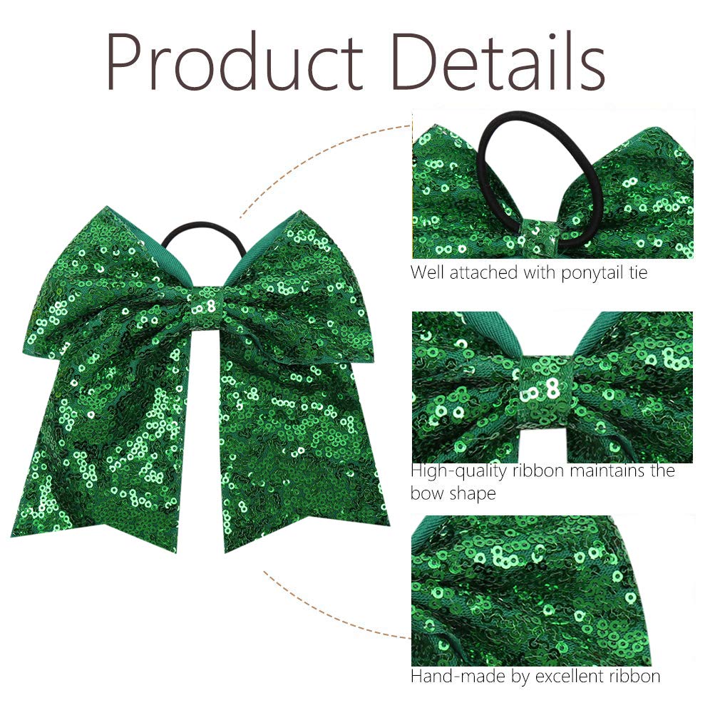 Oaoleer 12PCS 7 Large Glitter Cheer Hair Bows Ponytail Holder Elastic Band Handmade for Cheerleading Teen Girls College Sports (Green)