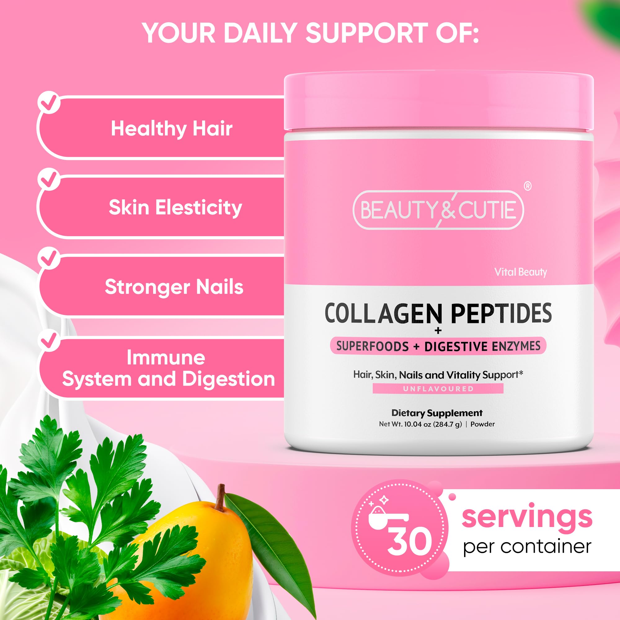 BEAUTY AND CUTIE Collagen Peptides with Superfoods and Digestive Enzymes, Powder, Grass Fed, Pasture Raised, for Hair, Skin, Nails, and Immune System Support, Unflavored, Gluten Free,10.04 oz