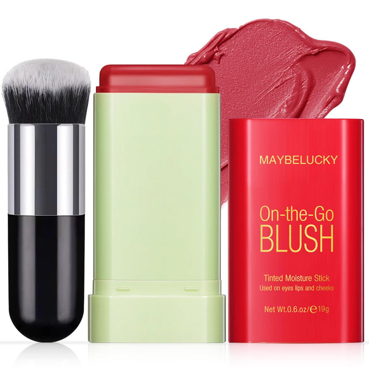 HOSAILY Cream Blush Stick for Cheeks, Eyes & Lips, Multi-Use Tinted Moisturizer, Natural Glow Blendable Blusher with Brush - Hot Red