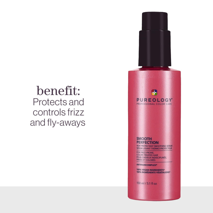 Pureology Smooth Perfection Smoothing Serum - For Normal to Thick and Frizzy Hair, Smooths Hair & Protects Against Heat Damage, Sulfate Free & Vegan