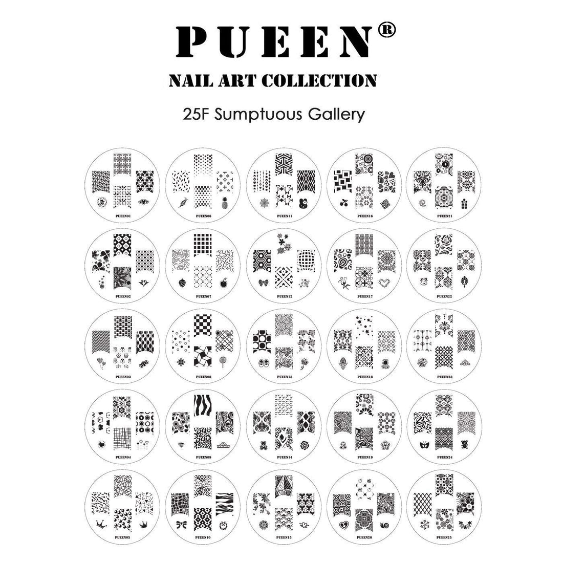 PUEEN Nail Art Stamp Collection Set 25F - NEW Unique Set of 25 Nailart Polish Stamping Manicure Image Plates Accessories Kit (Totaling 150 Images) - New Batch with Display & Storage Case-BH000019