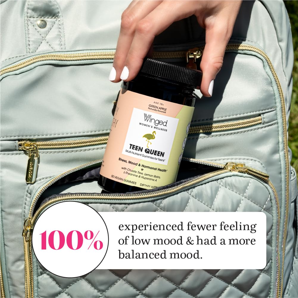 Winged Wellness Teen Queen Multivitamins for Teen Girls - Helps with Mood and Hormonal Health - for Ages 13+, Vegan & Gluten Free - Green Apple, 25 Servings