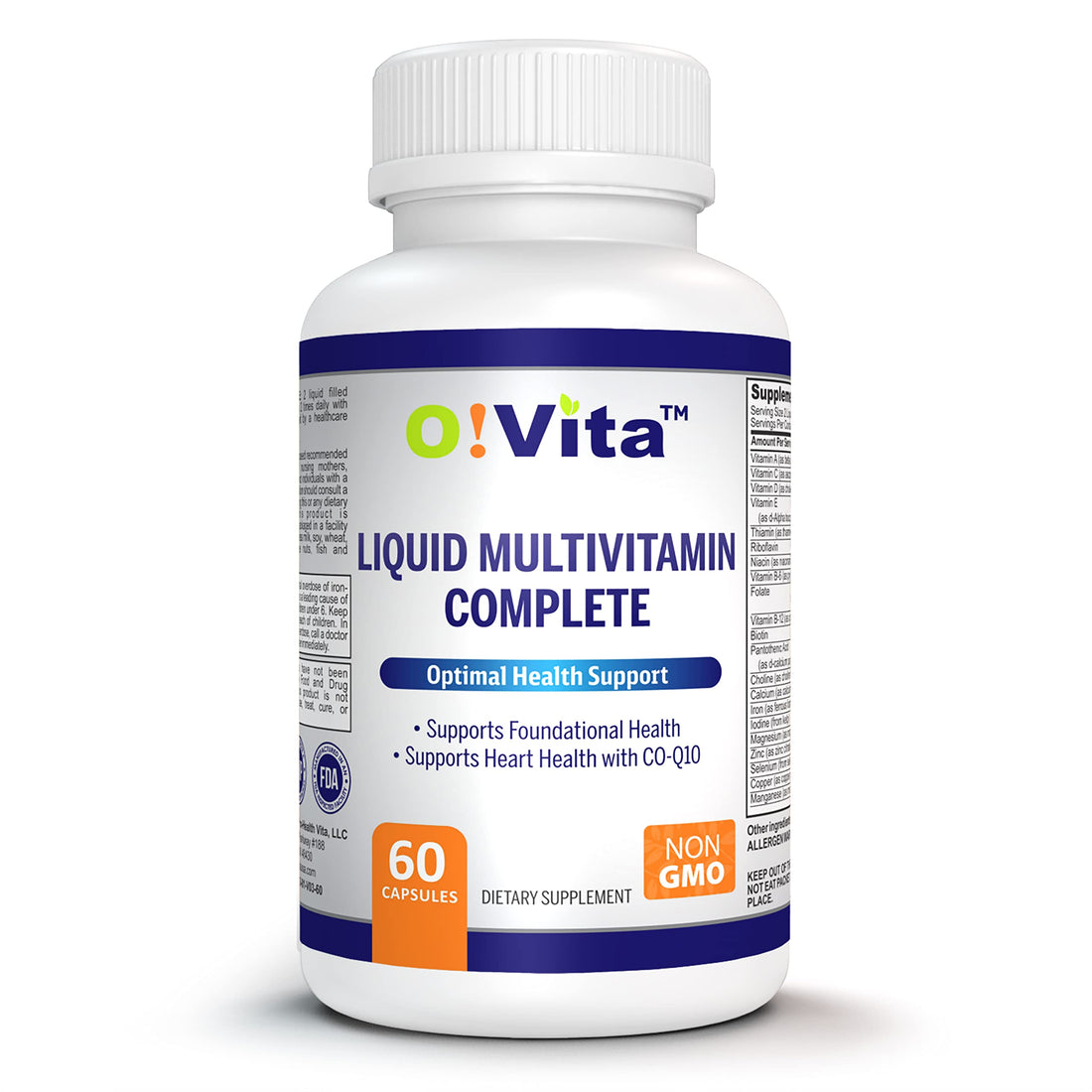 O!VITA Liquid Multivitamin Complete, with a Full Spectrum of Vitamins and Minerals, Plus 42 Fruits and Vegetable Proprietary Blend, Easy Absorption (60 Vegan Liquid Filled Capsules)