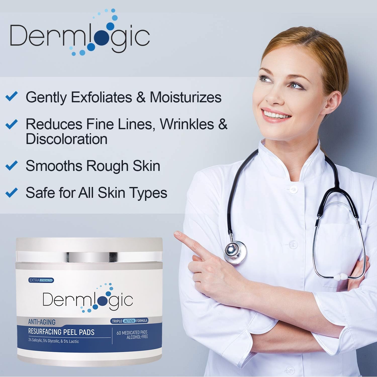 Dermlogic Anti Aging Resurfacing Peel Pads-Triple Action Chemical Peel Pads Combined With Glycolic, Lactic, And Salicylic Acids. Smooth'S Fine Lines, Wrinkles, Dark Spots, And Imperfections