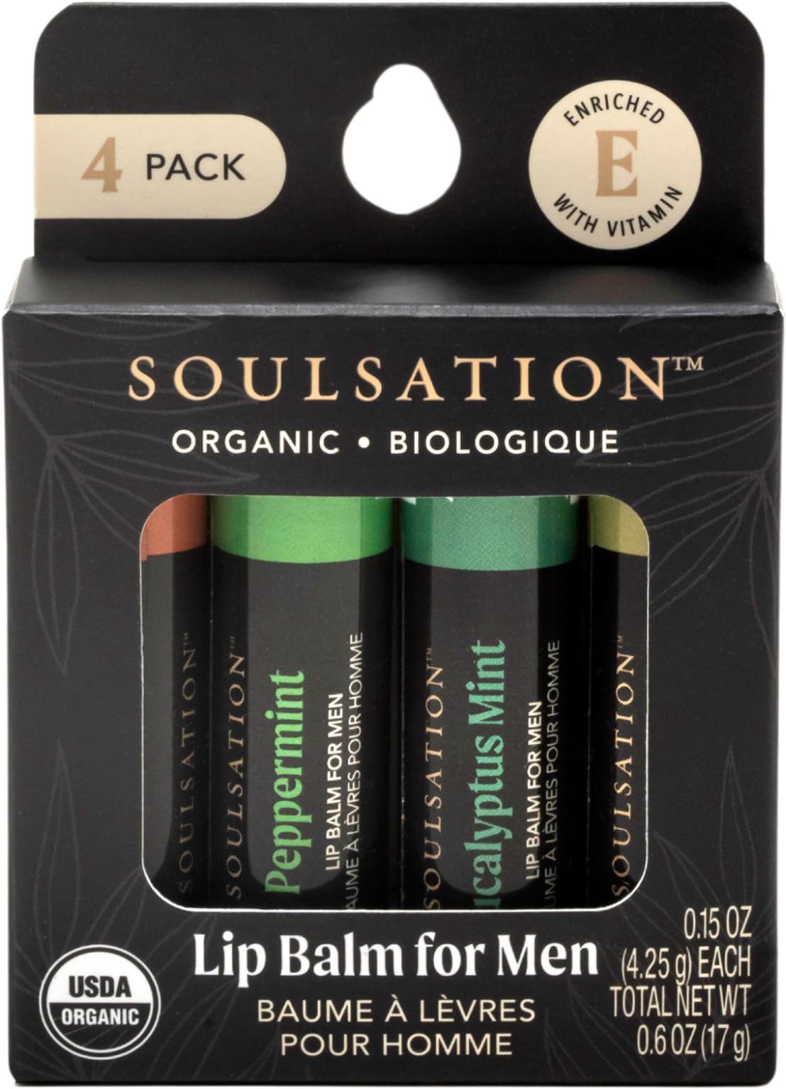 Soulsation Organic Lip Balm Set for Men - 4 Flavors - 100% Natural Moisturizing for Cracked & Dry Lips