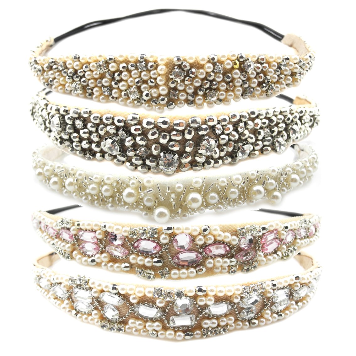 Inspirelle 5 Pack Babysbreath Rhinestone Beaded Elastic Headband, Fashionable Handmade Crystal Beaded Elastic Hairbands Lady Women Girls Hair Jewelry Accessories