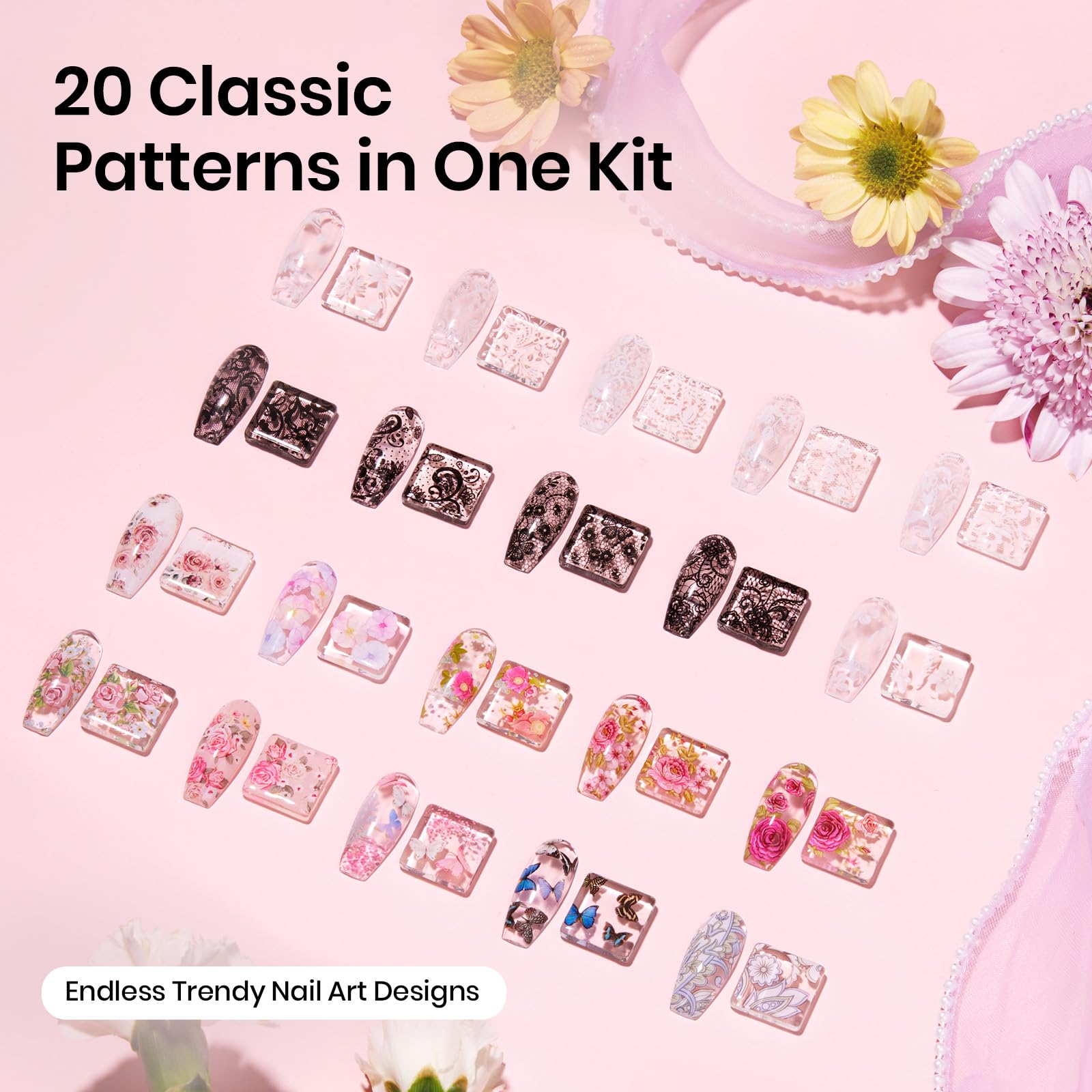 Beetles Nail Foil Glue Gel 2Pcs 15ml with 20 Pcs Lace Flower Butterfly Stickers Transfer White Black Lace Nail Foil Set, LED Lamp Soak Off DIY Manicure Gifts for Women