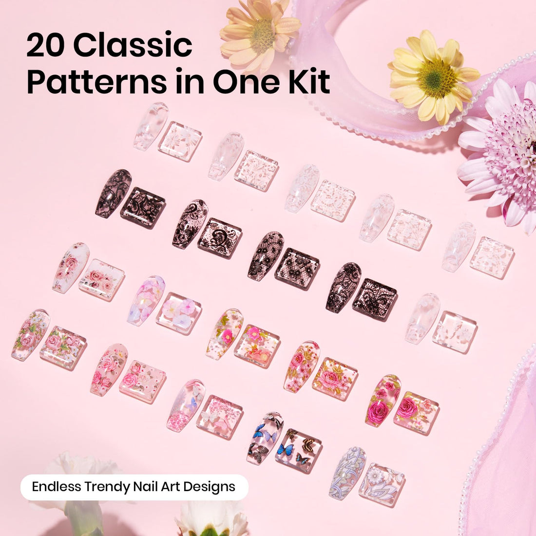 Beetles Nail Foil Glue Gel 2Pcs 15ml with 20 Pcs Lace Flower Butterfly Stickers Transfer White Black Lace Nail Foil Set, LED Lamp Soak Off DIY Manicure Gifts for Women