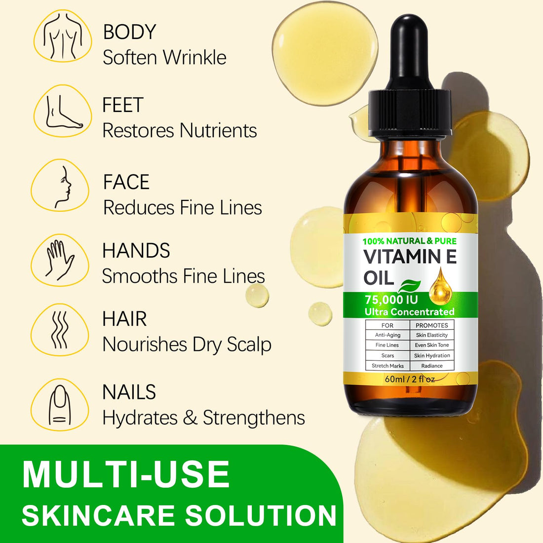 Liefiet Vitamin E Oil Blend 75,000 IU, Pure Vitamin E Oil for Skin, Face and Scars, Body Bath Oils Moisturizing Dry Skin, Easy to Absorb, 2Fl Oz
