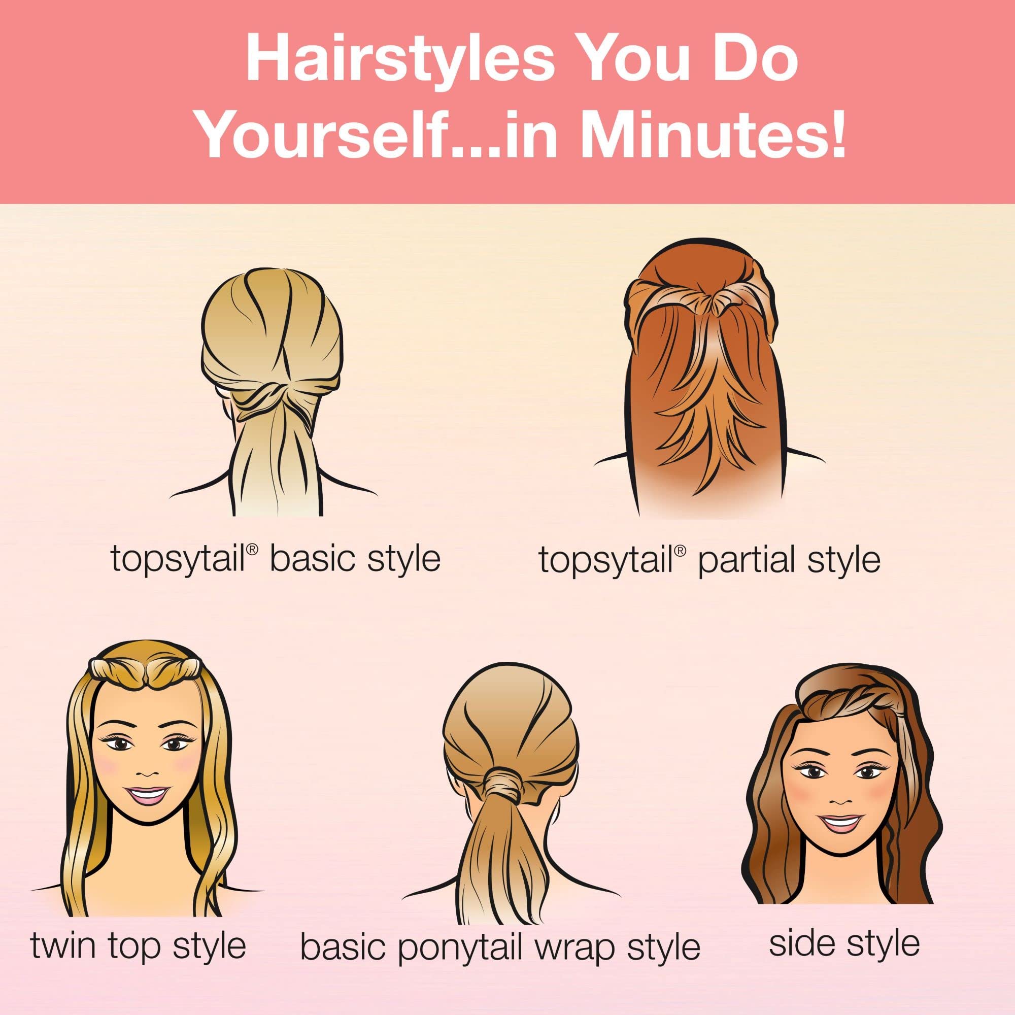 Conair Topsy Tail Hair Tool - Ponytail Hair Loop Styling Tool - Includes Hair Ties Hair Styling Kit Included - 5-Piece Set