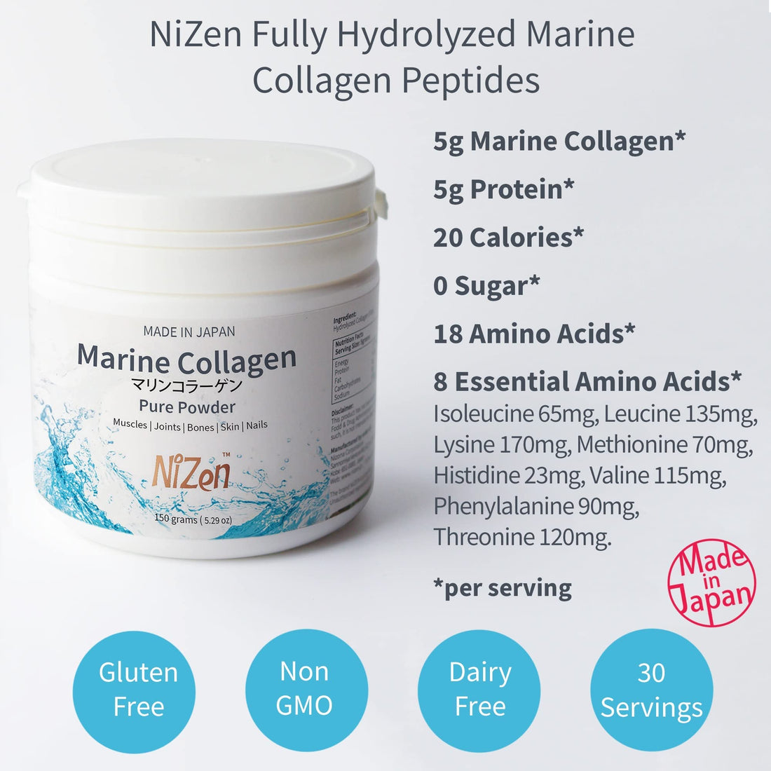 Nizen Marine Collagen Pure Powder, Hydrolyzed Peptides Easy-to-Digest Amino Acids Supplement. Unflavored. Non-Clumping. Made in Japan. 5.29oz