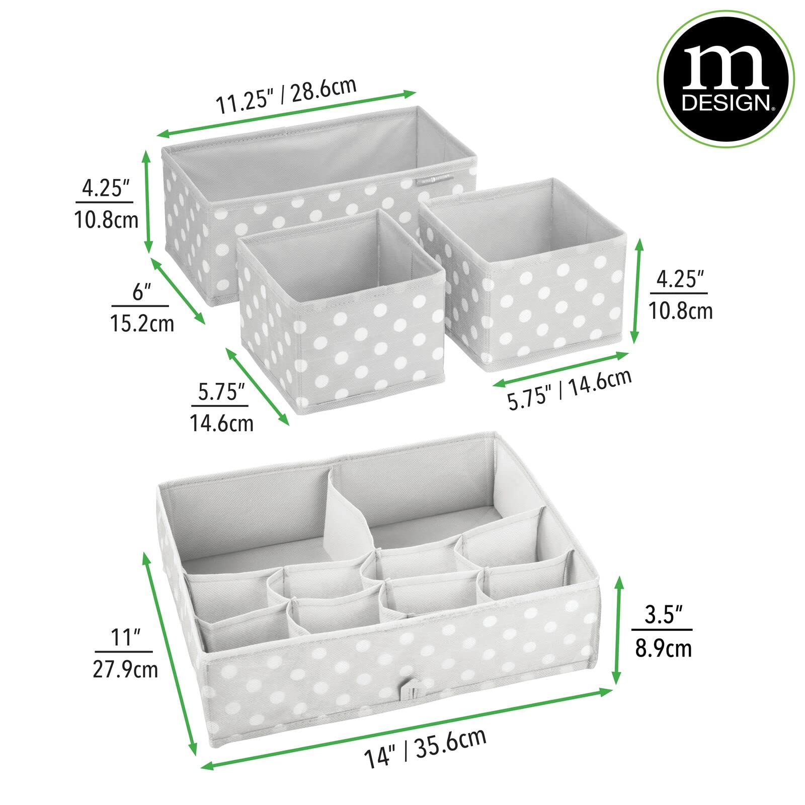 mDesign Fabric Drawer Organizer Bins, Kids/Baby Nursery Dresser, Closet, Shelf, Playroom Organization, Hold Clothes, Toys, Diapers, Bibs, Blankets, Set of 4, 2 Pack, Gray/White Polka Dot