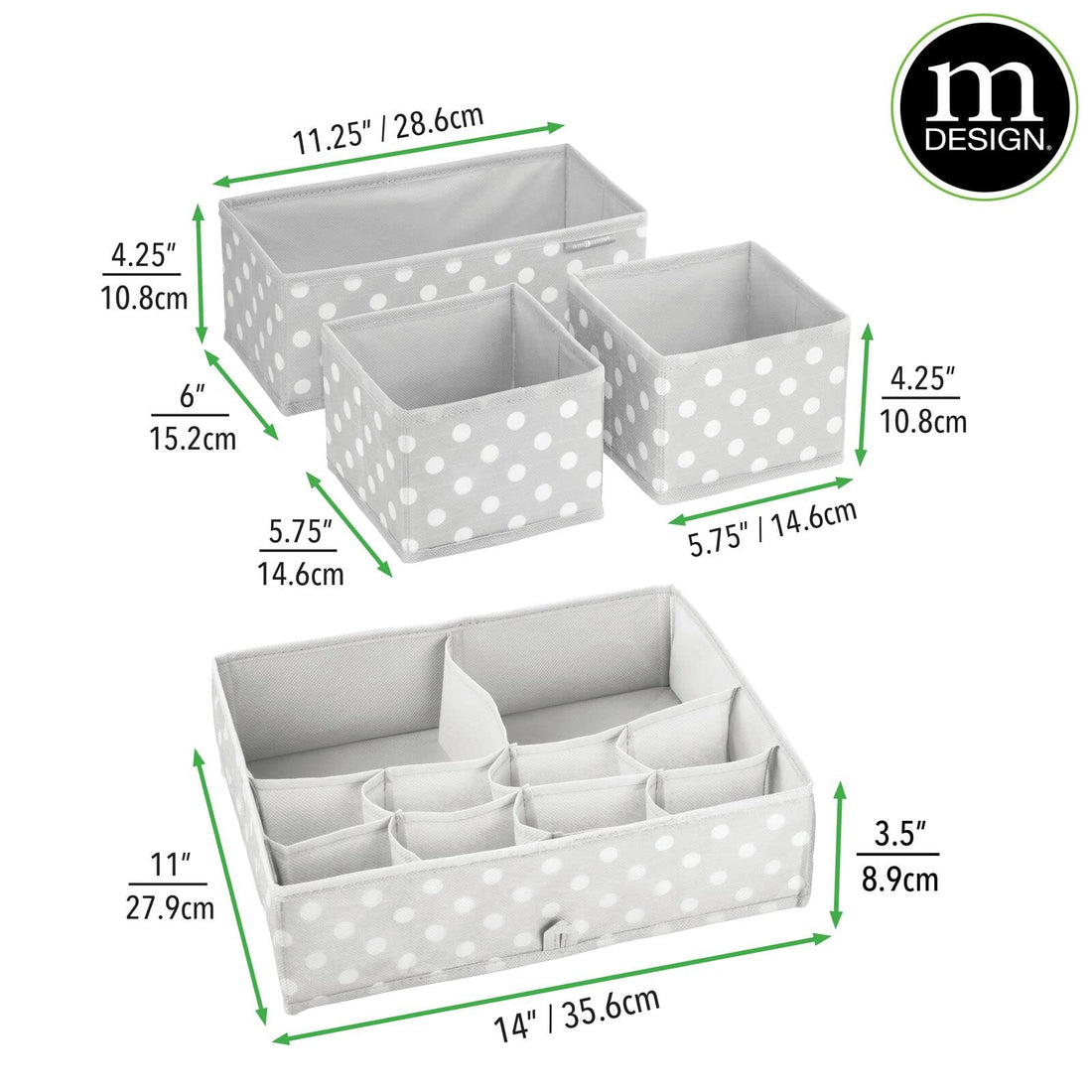 mDesign Fabric Drawer Organizer Bins, Kids/Baby Nursery Dresser, Closet, Shelf, Playroom Organization, Hold Clothes, Toys, Diapers, Bibs, Blankets, Set of 4, 2 Pack, Gray/White Polka Dot