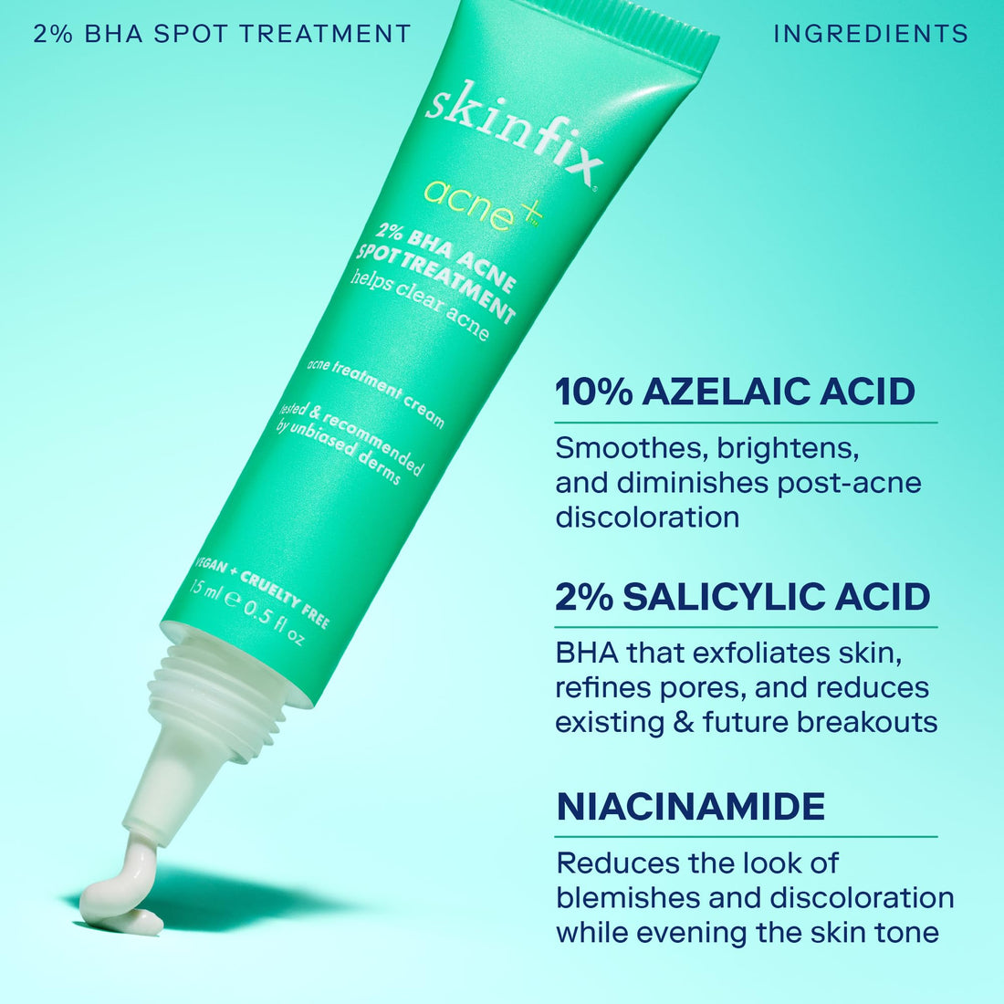 Skinfix Acne+ 2% BHA Acne Spot Treatment: Clinical-Strength, Rapid-Acting Acne Treatment that Reduces Blemish Size and Redness, Plus Prevents New Acne Pimples from Forming, 0.5 oz