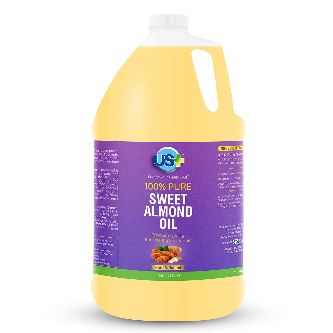 US+ 100% Pure Sweet Almond Oil - All-natural, Expeller-pressed, Hexane-free - Premium Quality for Healthy Skin & Hair (1 Gallon)
