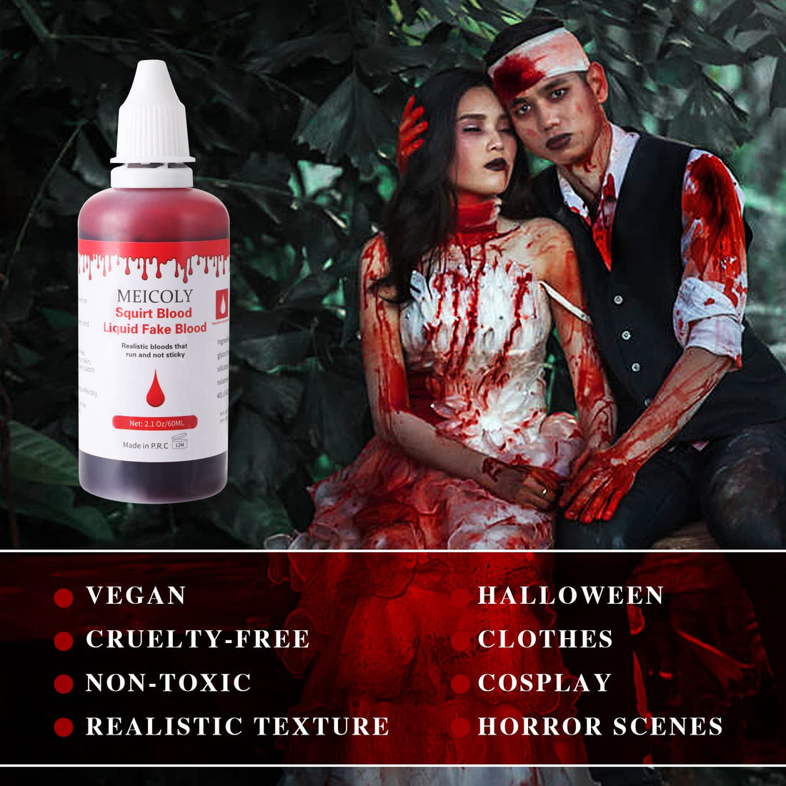 MEICOLY 2.1oz Halloween Fake Blood Makeup- Realistic Sangre Falsa Washable Edible Liquid with 0.7oz Cleaning Soap - Squirt Blood for Clothes,Zombie Vampire Monster,SFX Cut Flesh Wound Makeup - Bright