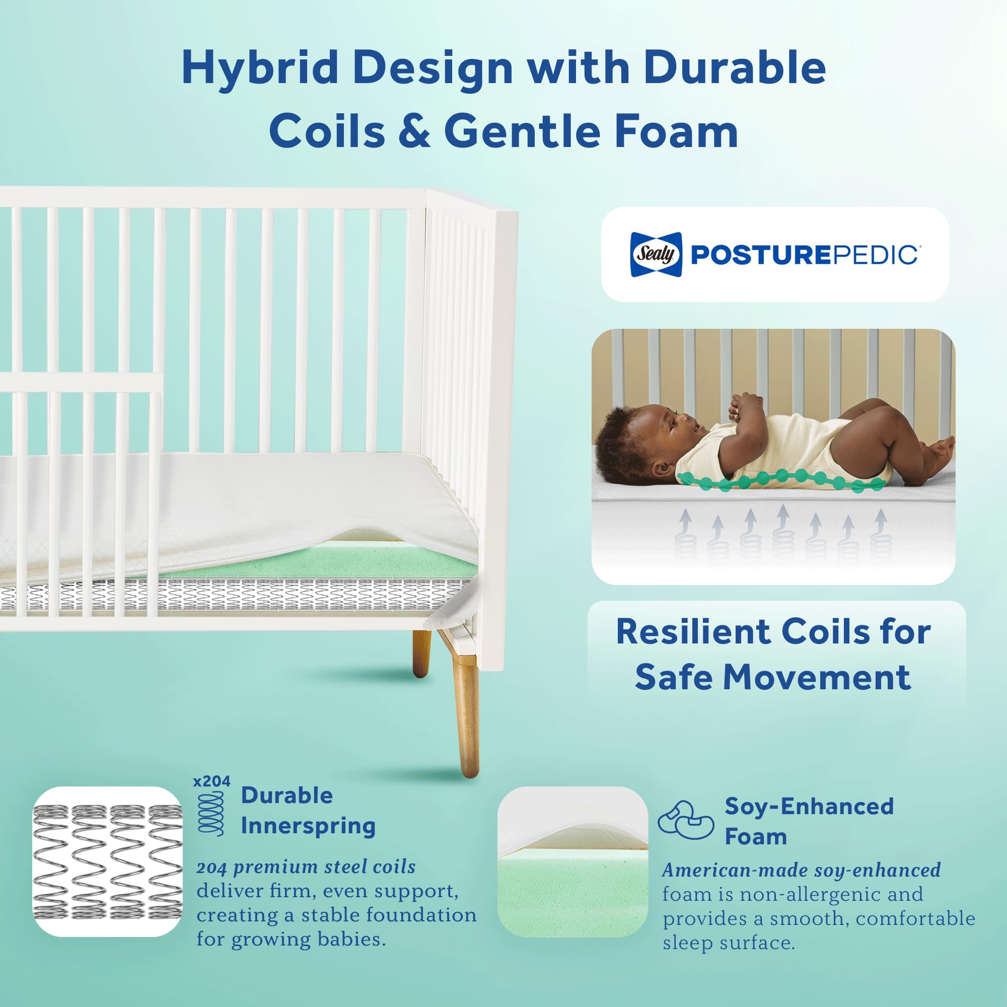 Sealy Baby Posturepedic Grace Hybrid - Firm 2-Stage Crib Mattress with Breathable Waterproof Barrier - GREENGUARD Gold Certified, Soy-enhanced Foam for Infants and Toddlers, Made in the USA (52x28)