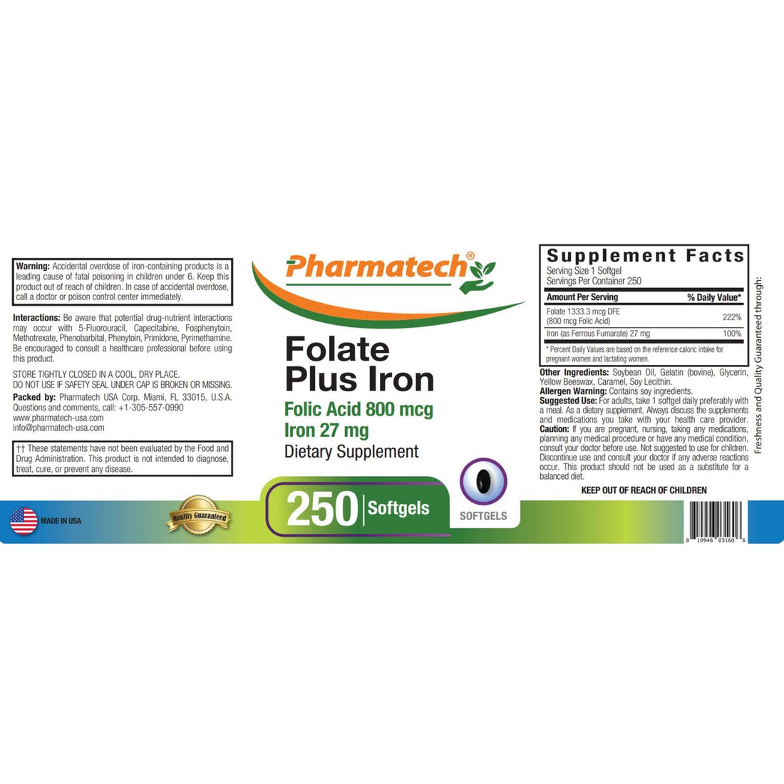 PHARMATECH Folic Acid 800 mcg Plus Iron 27 mg Supplement for Women, Vitamin B9, Folate Prenatal, Fast Absorption, Made in USA, 250 Softgels