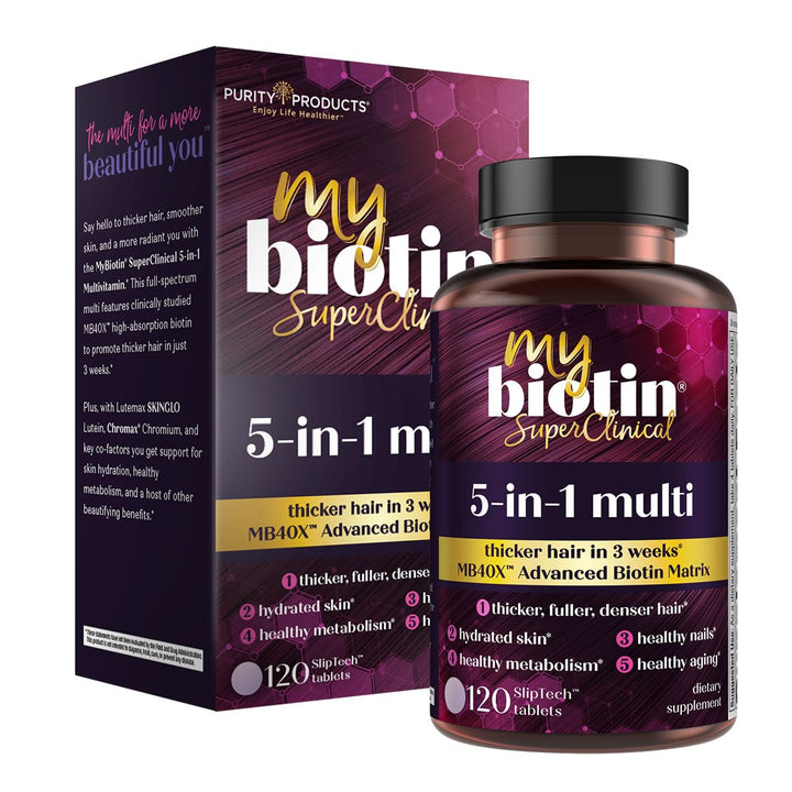 Purity Products MyBiotin SuperClinical New 5-in-1 Elite Multivitamin + MB40X Biotin Matrix Daily Multi - Thicker Hair Starting in 3 Weeks - 40X More Soluble vs Ordinary Hair Skin Nails - 120 Tabs