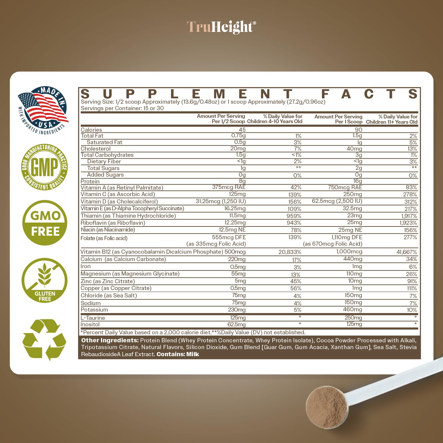 TruHeight Growth Protein Shake (Chocolate Milk Flavor, Whey) Natural Growth & Development Protein Powder for Kids & Teens - Endorsed by Pediatricians - Vitamins & Minerals for Picky Eaters - Ages 5+