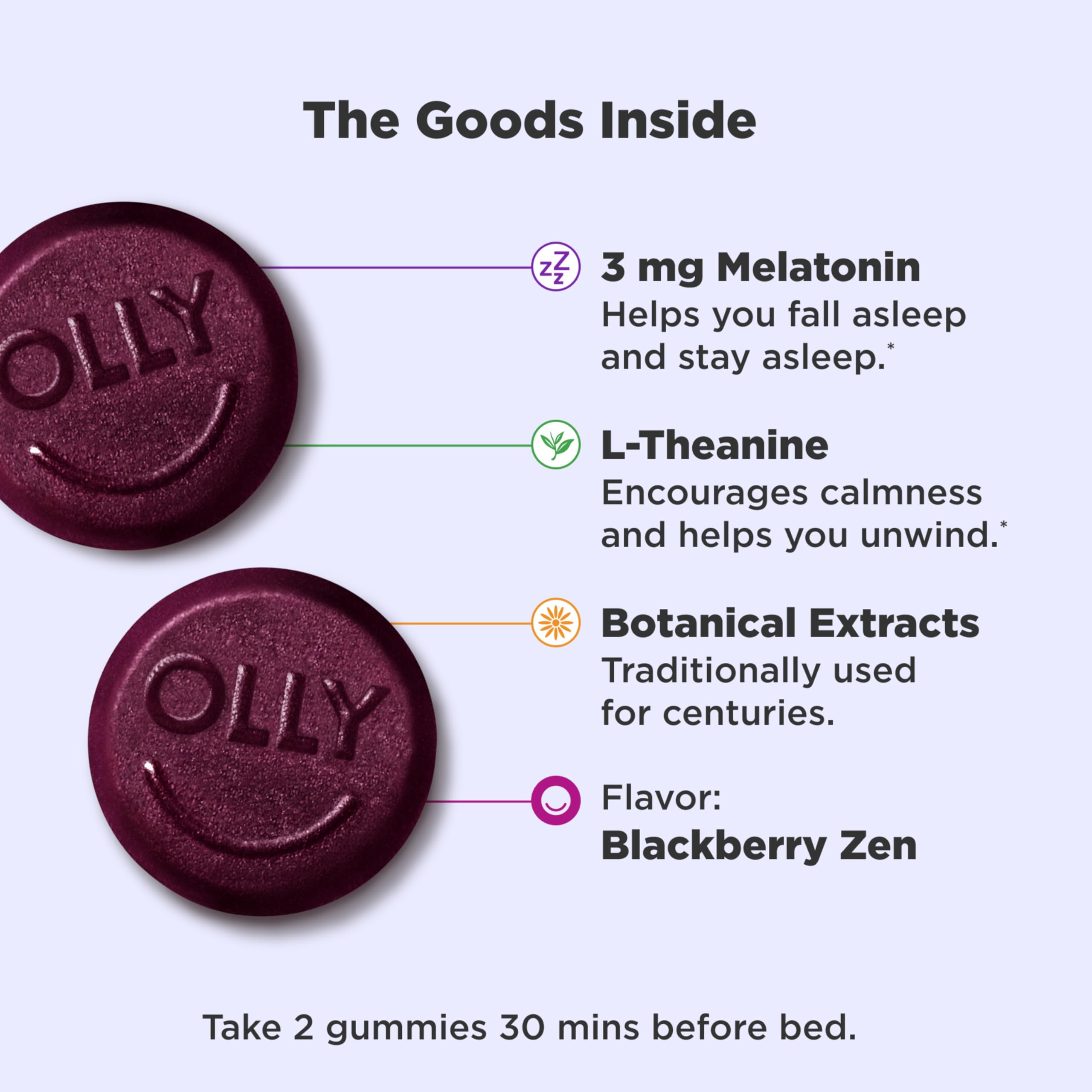 Olly Sleep Gummy, 3 mg Melatonin, L-Theanine, Chamomile, and Lemon Balm Extracts, BlackBerry Flavor, 60 Day Supply - 120 Count