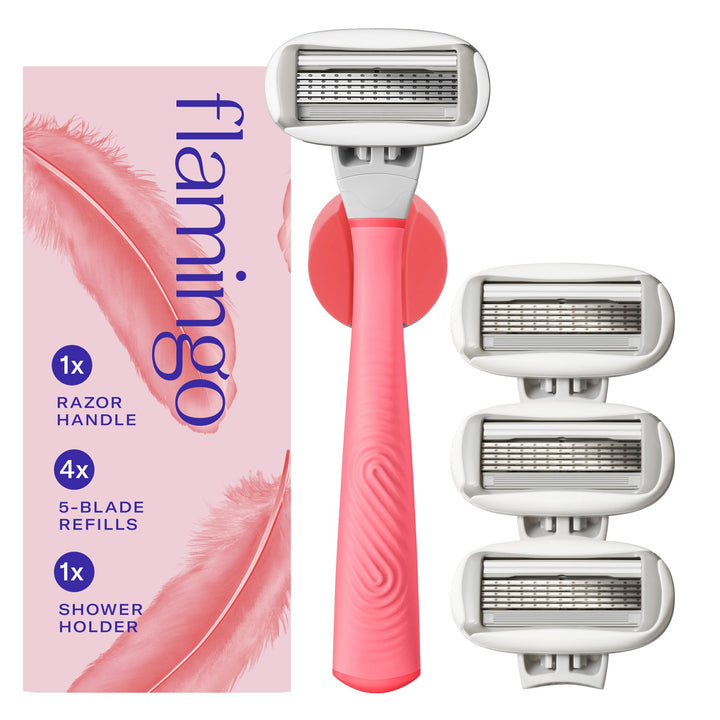 Flamingo Shaving Razor Set for Women - Original Razor Handle, 4 Blade Refills, and Shower Holder - Pink