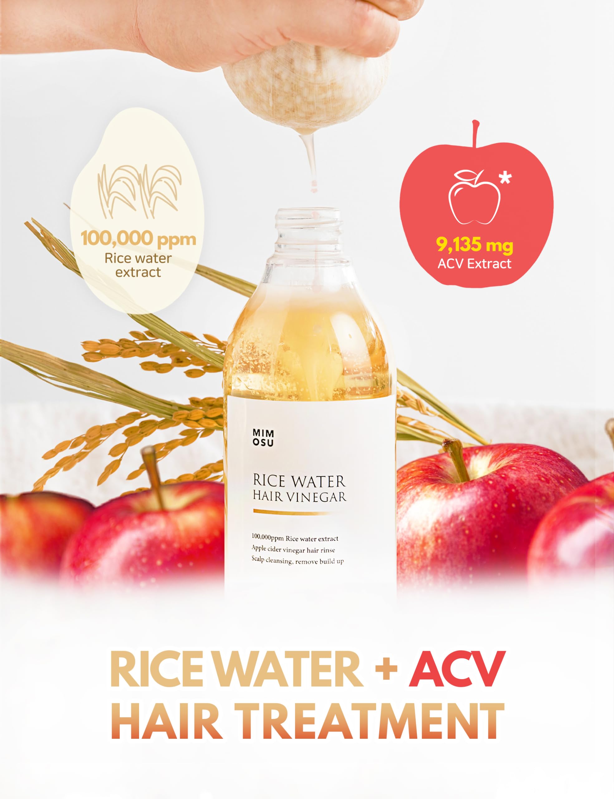mimosu Rice Water Shampoo and Conditioner Set for Hair Growth, Apple Cider Vinegar Rinse, Sulfate-Free, Strengthens and Thickens, Korean Hair Care Product
